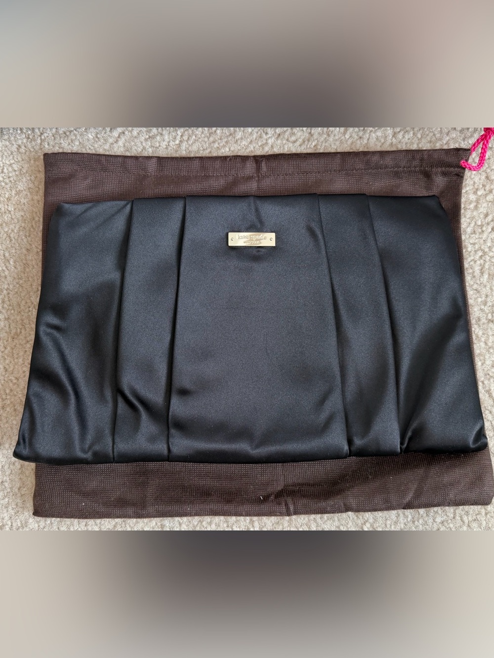 kate spade Black Satin Clutch with Gold Logo Plate